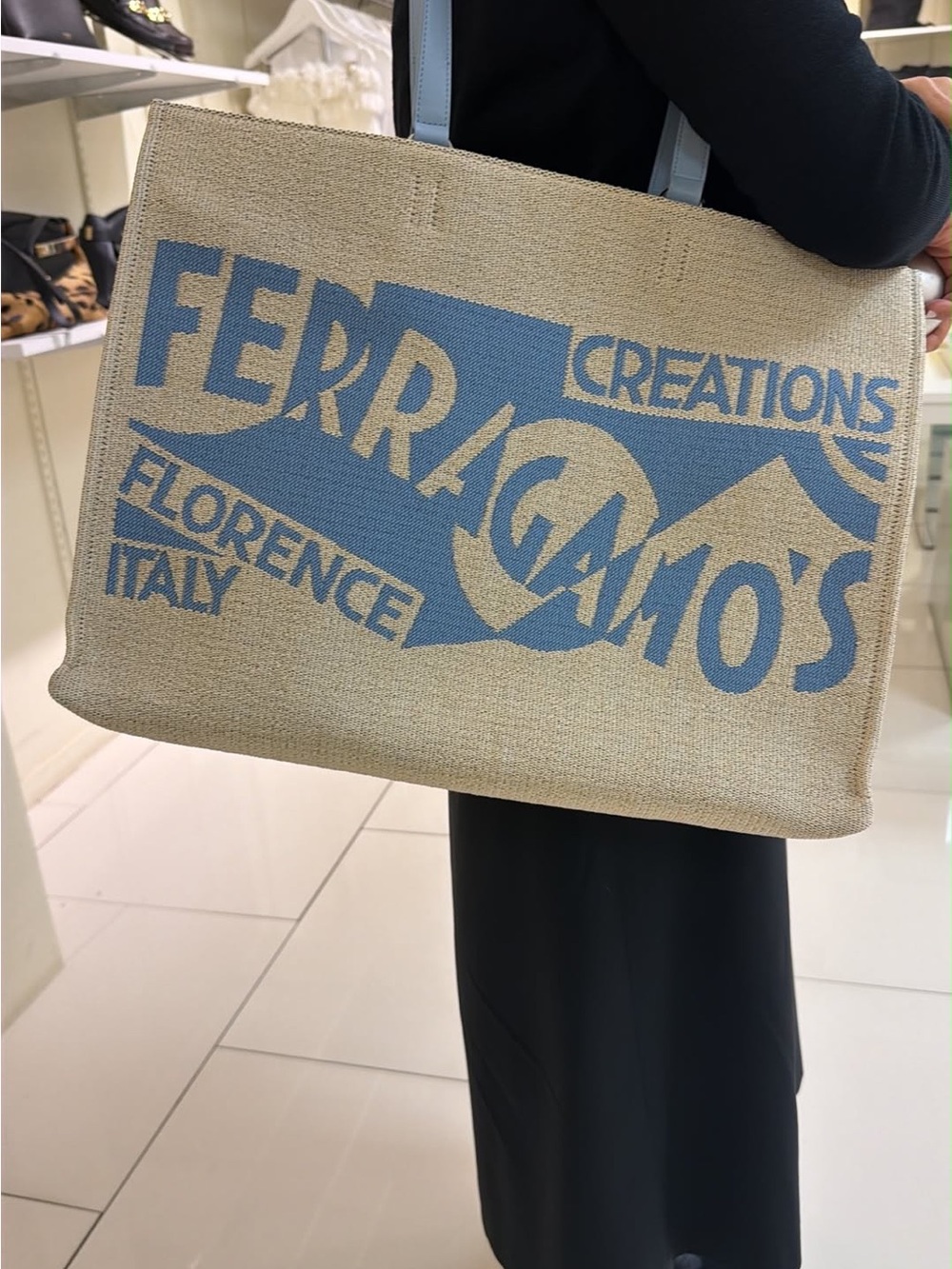 Salvatore Ferragamo Beige Canvas Tote with Light Blue Logo